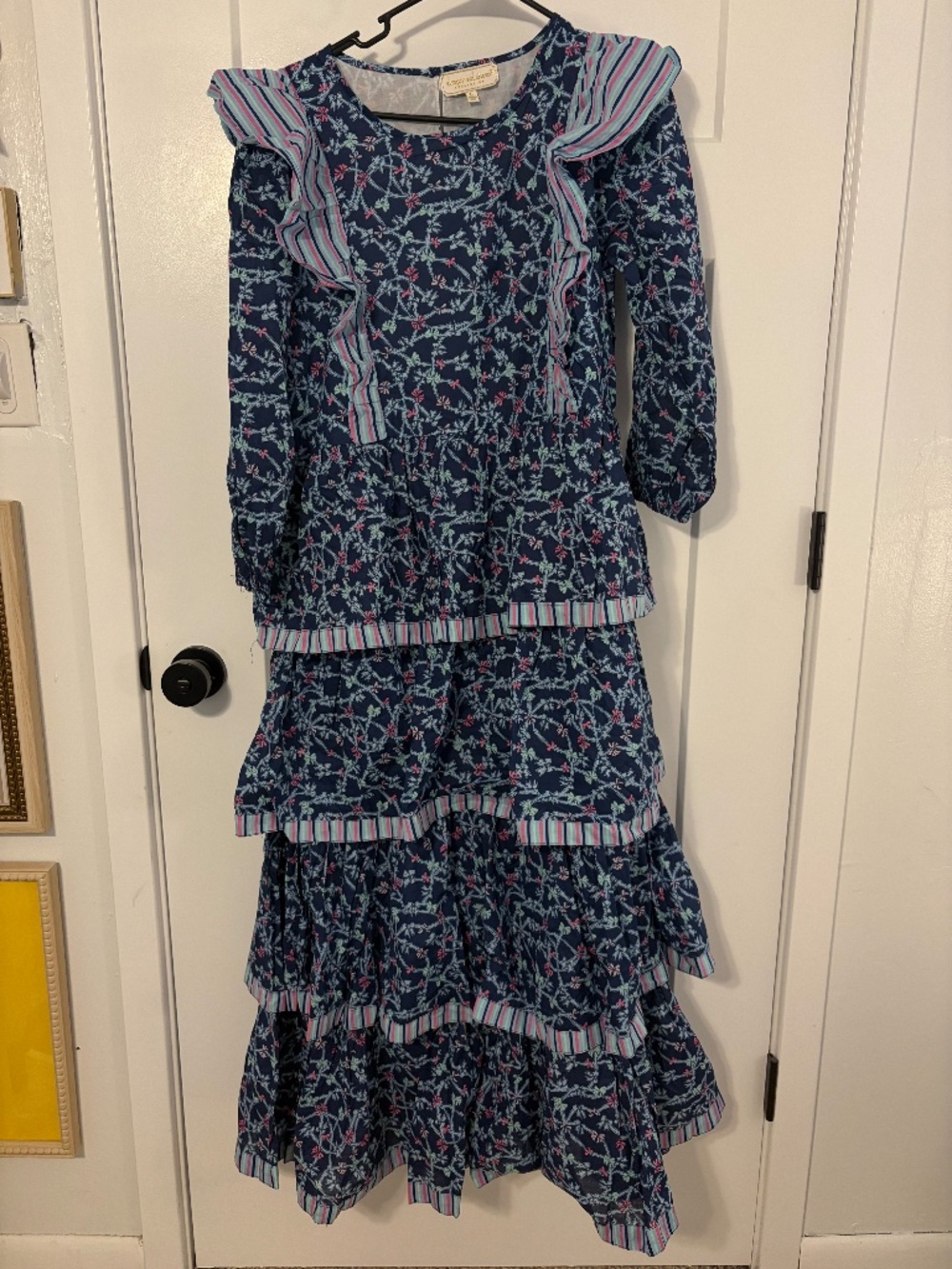 Simply Southern Navy Blue Bow Ruffle Tiered Skyler Maxi Dress Cottagecore LG NEW